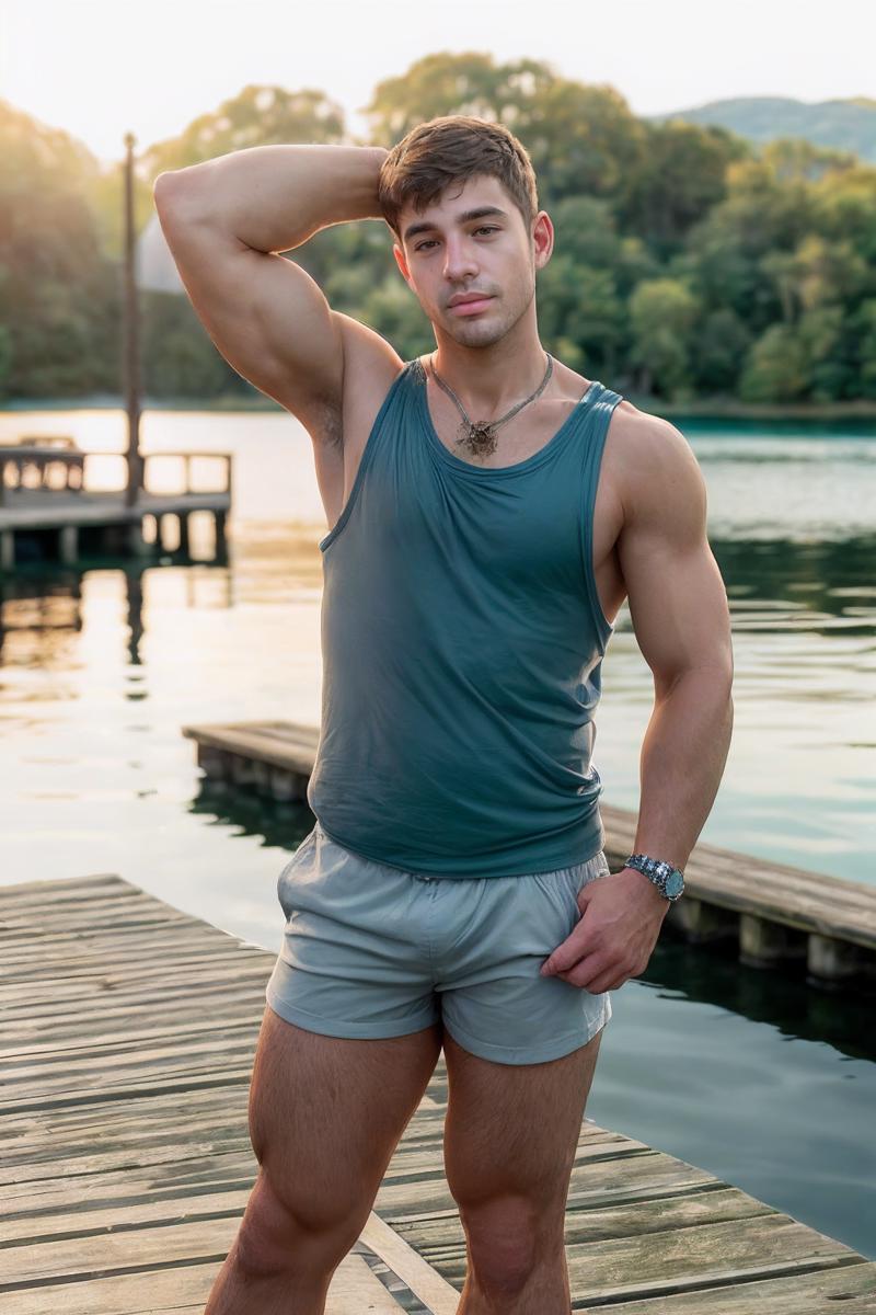 00012-2915103511-full shot photo of dantaiperson  _lora_dan_tai-09_0.8_ posing on a pier, arms behind head, wearing a well-fitted tight teal tank.png